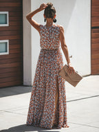 Ditsy Floral Maxi Dress for Women - Brick Red Sleeveless Side Slit V Neck Sundress - Summer Beach Resort Wear 2026