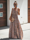 Ditsy Floral Maxi Dress for Women - Brick Red Sleeveless Side Slit V Neck Sundress - Summer Beach Resort Wear 2026