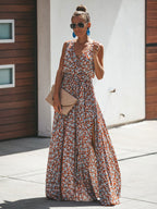 Ditsy Floral Maxi Dress for Women - Brick Red Sleeveless Side Slit V Neck Sundress - Summer Beach Resort Wear 2026