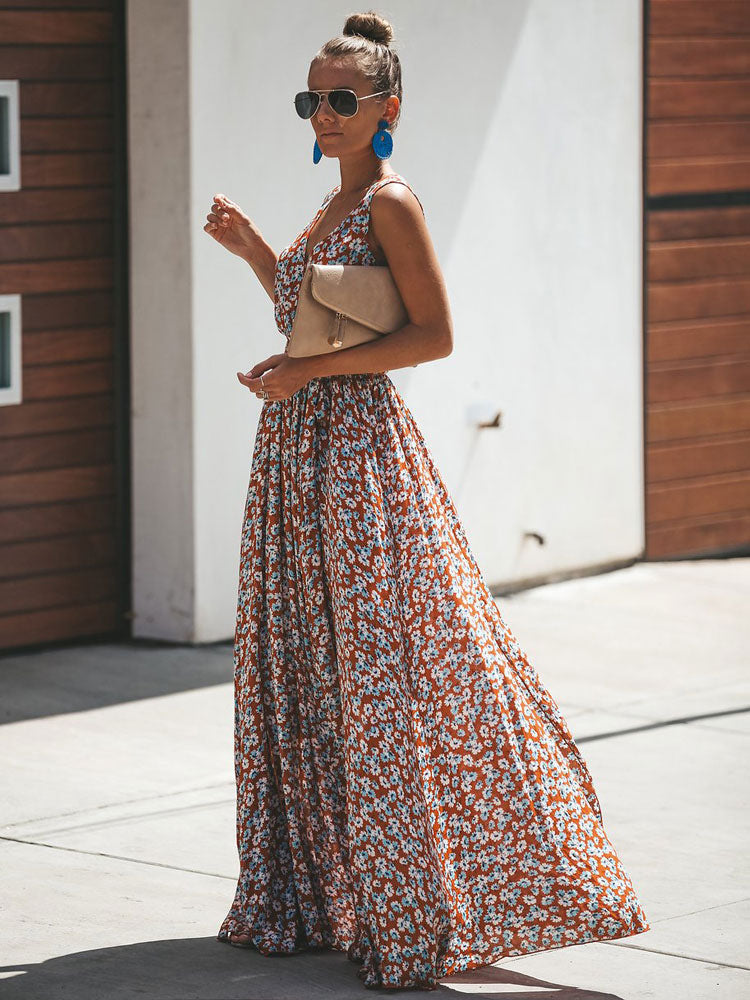 Ditsy Floral Maxi Dress for Women - Brick Red Sleeveless Side Slit V Neck Sundress - Summer Beach Resort Wear 2026
