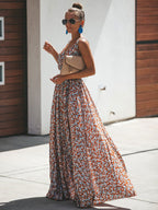 Ditsy Floral Maxi Dress for Women - Brick Red Sleeveless Side Slit V Neck Sundress - Summer Beach Resort Wear 2026