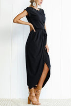 Short Sleeve Tie Waist Slit Midi Dress