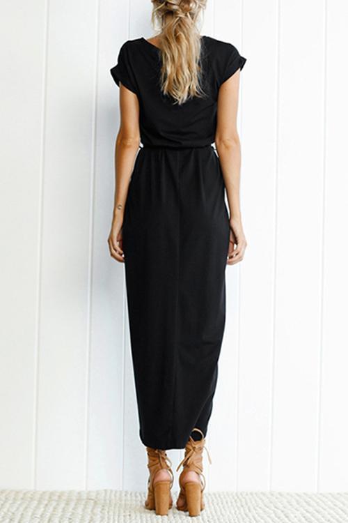 Short Sleeve Tie Waist Slit Midi Dress