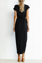 Short Sleeve Tie Waist Slit Midi Dress
