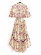 Floral High Low Boho Dress for Women - Cream Pink Cut Out Tie Front Flutter Sleeve Long Dress - Summer Beach Holiday 2026