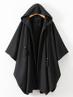 Women Poncho Hooded Black Poncho Oversized Tassels Cape