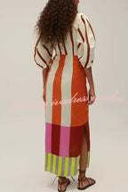 Kaya Linen Blend Color Block Print Front Cutout Knot Puff Sleeve Maxi Dress