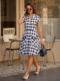 Gingham Vintage Dress Short Sleeve Hepburn Style A-line Midi Dress For Women 2026