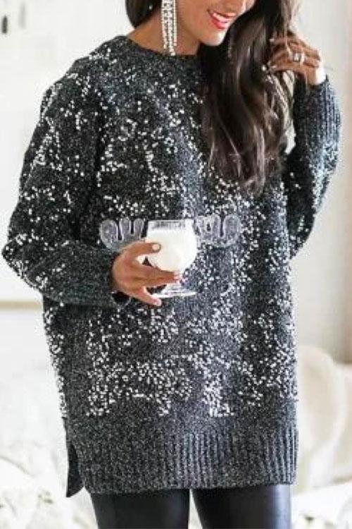 Crewneck Side Split Sequin Glitter Sweater