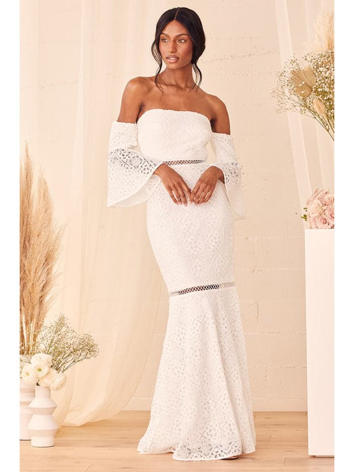 Lace Off Shoulder Bell Sleeve Mermaid Maxi Dress