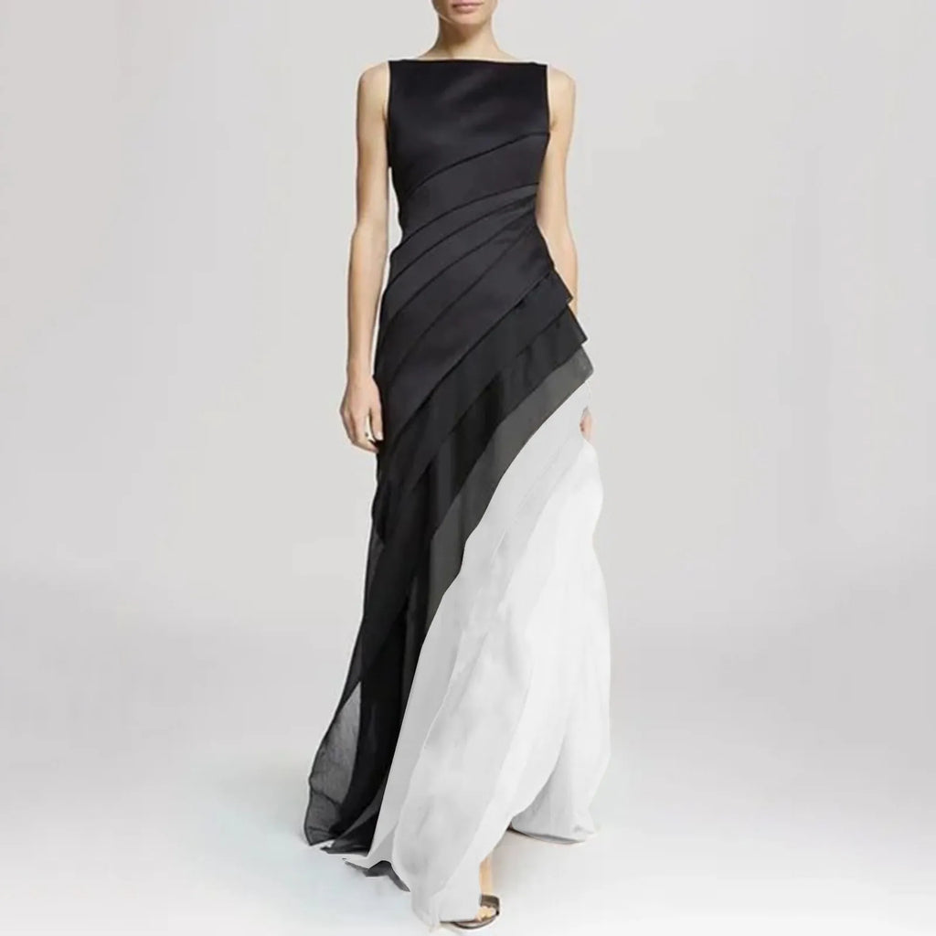 Bateau Neck Diagonal Tiered Patchwork Chiffon Maxi Gown