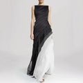 Bateau Neck Diagonal Tiered Patchwork Chiffon Maxi Gown