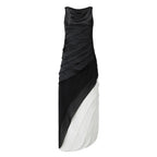 Bateau Neck Diagonal Tiered Patchwork Chiffon Maxi Gown