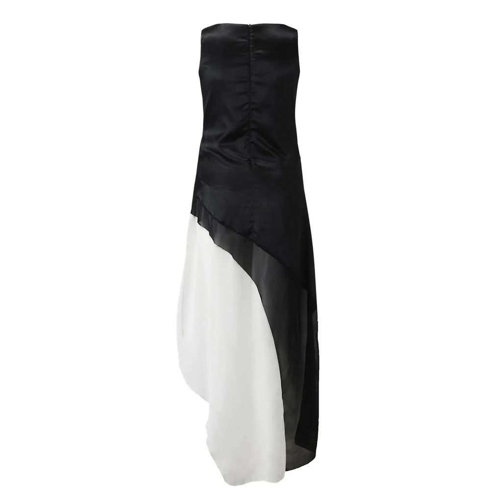 Bateau Neck Diagonal Tiered Patchwork Chiffon Maxi Gown