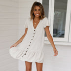 Linen V-Neck Flutter Sleeve Button Front Ruffle Hem Mini Dress