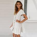 Linen V-Neck Flutter Sleeve Button Front Ruffle Hem Mini Dress