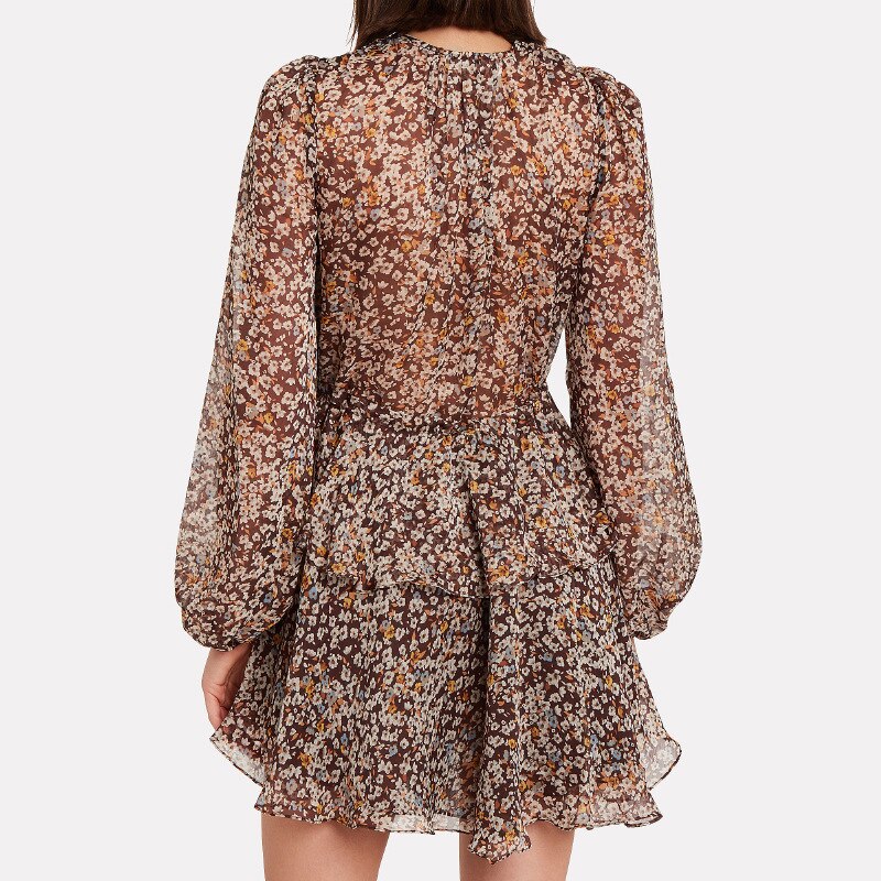 Floral Print V-Neck Lantern Sleeve Tiered Ruffle Chiffon Mini Dress