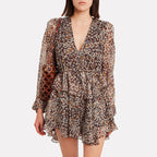 Floral Print V-Neck Lantern Sleeve Tiered Ruffle Chiffon Mini Dress