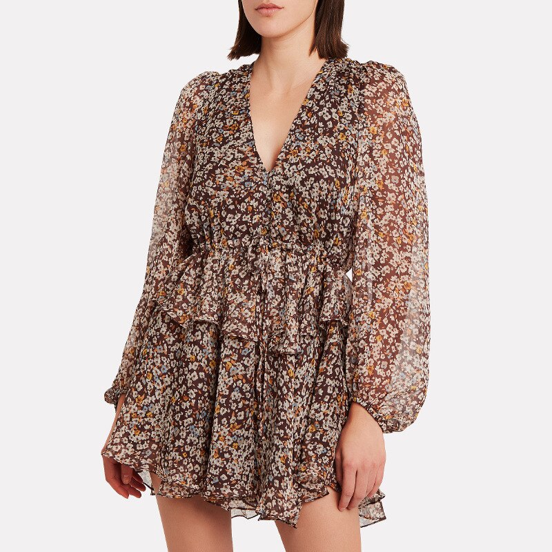Floral Print V-Neck Lantern Sleeve Tiered Ruffle Chiffon Mini Dress