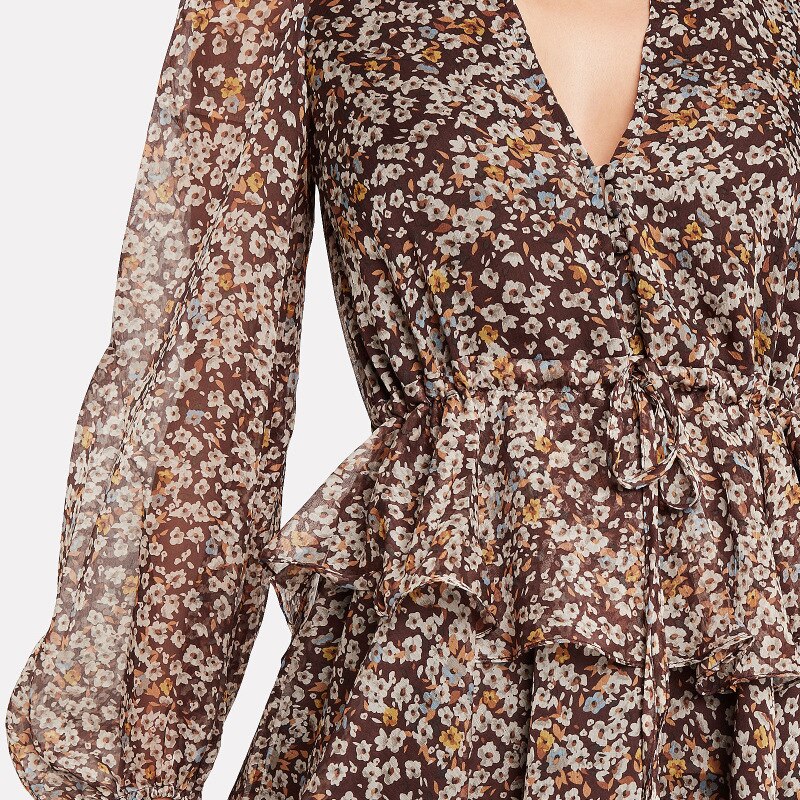 Floral Print V-Neck Lantern Sleeve Tiered Ruffle Chiffon Mini Dress