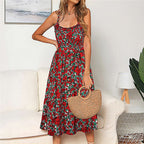 Square Neck Smocked Bodice Button Front Polka Dot Tie Waist Midi Dress
