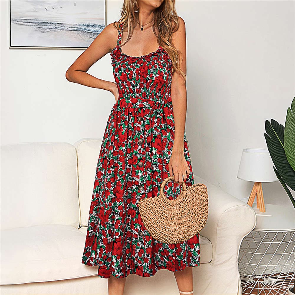 Square Neck Smocked Bodice Button Front Polka Dot Tie Waist Midi Dress