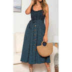 Square Neck Smocked Bodice Button Front Polka Dot Tie Waist Midi Dress