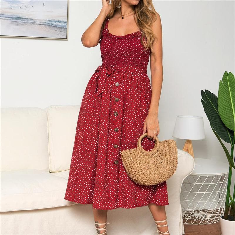 Square Neck Smocked Bodice Button Front Polka Dot Tie Waist Midi Dress