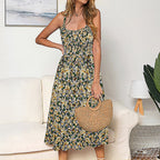 Square Neck Smocked Bodice Button Front Polka Dot Tie Waist Midi Dress