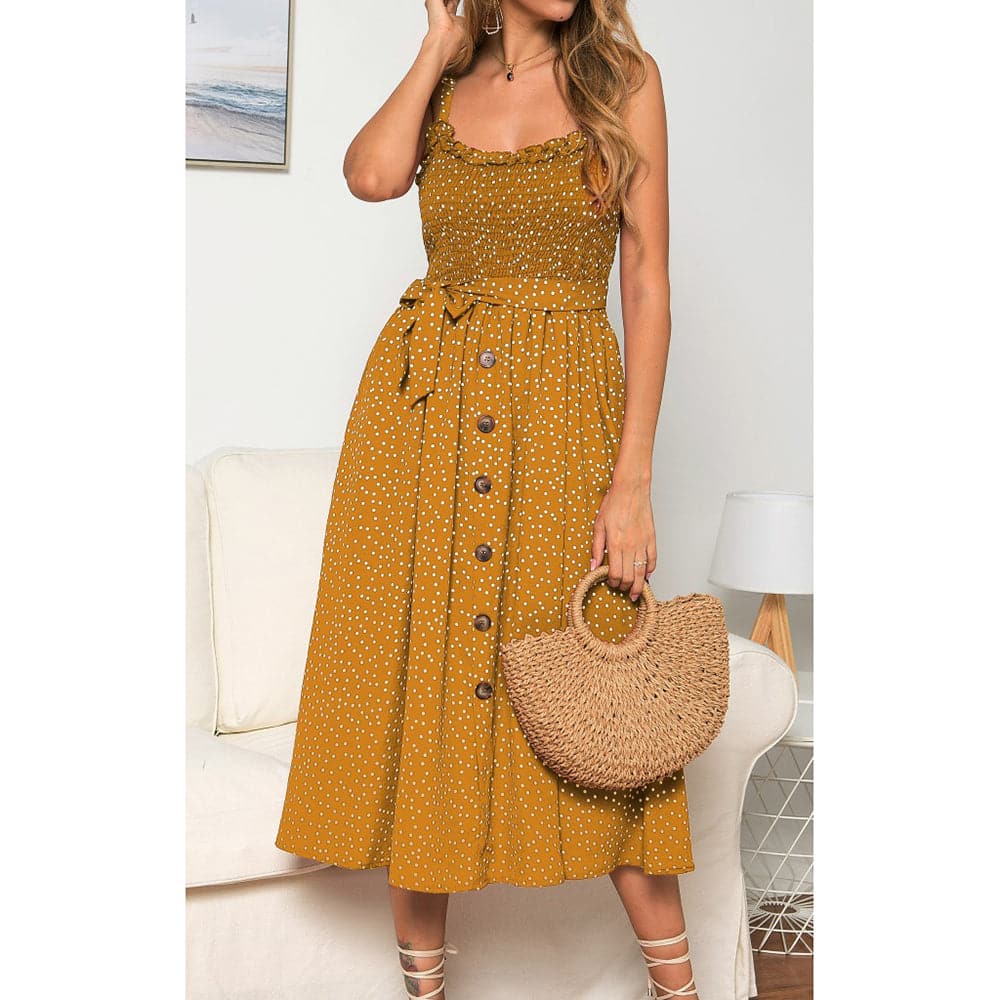 Square Neck Smocked Bodice Button Front Polka Dot Tie Waist Midi Dress