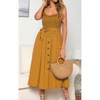Square Neck Smocked Bodice Button Front Polka Dot Tie Waist Midi Dress