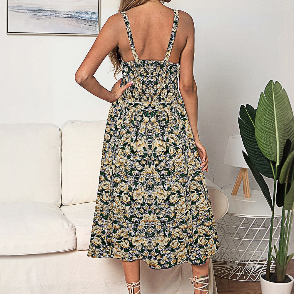 Square Neck Smocked Bodice Button Front Polka Dot Tie Waist Midi Dress