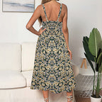 Square Neck Smocked Bodice Button Front Polka Dot Tie Waist Midi Dress