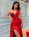 One Shoulder Beaded Bodice Draped Satin High Split Maxi Gown