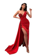 One Shoulder Beaded Bodice Draped Satin High Split Maxi Gown
