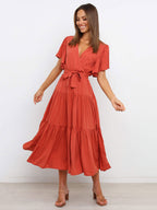 Boho Ruffle Tiered Midi Dress for Women - Lilac V Neck Flutter Sleeve A-Line Flowy Wrap Sun Dress - Summer Wedding Guest 2026