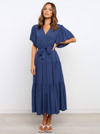Boho Ruffle Tiered Midi Dress for Women - Lilac V Neck Flutter Sleeve A-Line Flowy Wrap Sun Dress - Summer Wedding Guest 2026