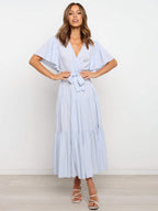 Boho Ruffle Tiered Midi Dress for Women - Lilac V Neck Flutter Sleeve A-Line Flowy Wrap Sun Dress - Summer Wedding Guest 2026