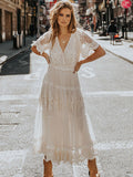 White Lace Boho Maxi Dress for Women - Dot Tiered V Neck Long Gown - Summer Beach Wedding Guest 2026
