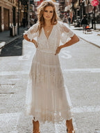 White Lace Boho Maxi Dress for Women - Dot Tiered V Neck Long Gown - Summer Beach Wedding Guest 2026