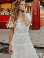 White Lace Boho Maxi Dress for Women - Dot Tiered V Neck Long Gown - Summer Beach Wedding Guest 2026