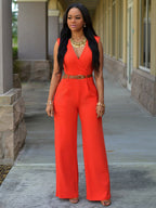 White V-Neck Sleeveless Sash Off-The-Shoulder Lycra Spandex Jumpsuits For Women