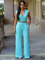 White V-Neck Sleeveless Sash Off-The-Shoulder Lycra Spandex Jumpsuits For Women