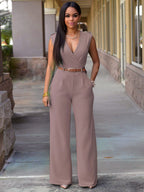 White V-Neck Sleeveless Sash Off-The-Shoulder Lycra Spandex Jumpsuits For Women