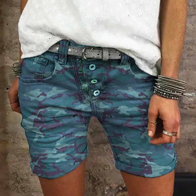 Elastic Waist Buttons Skinny Camo Shorts