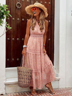 Polka Dot Boho Maxi Dress for Women - Lace Trim Tiered V Neck Sundress - Summer Beach Holiday 2026
