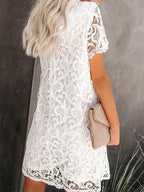 Lace Dresses White Jewel Neck Short Sleeves Oversized Lace Casual Dresses