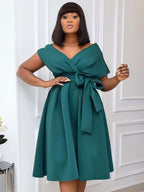 Plus Size Dress For Women Bateau Neck Short Sleeves Lycra Spandex Teal Midi Dress