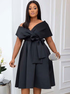 Plus Size Dress For Women Bateau Neck Short Sleeves Lycra Spandex Teal Midi Dress