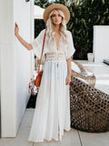 Cover Ups White Lace Up V Neck Half Sleeves Summer Beach Swimwear Cover Ups